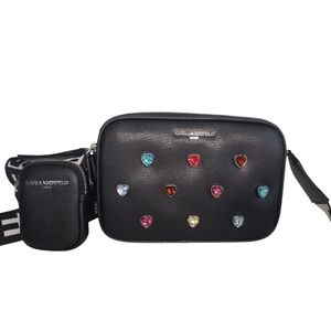 KARL LAGERFELD PARIS Maybelle Black Crossbody Bag Satchel, Rainbow Heart Accents